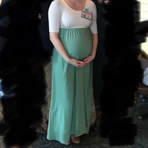 Long green and cream maternity dress